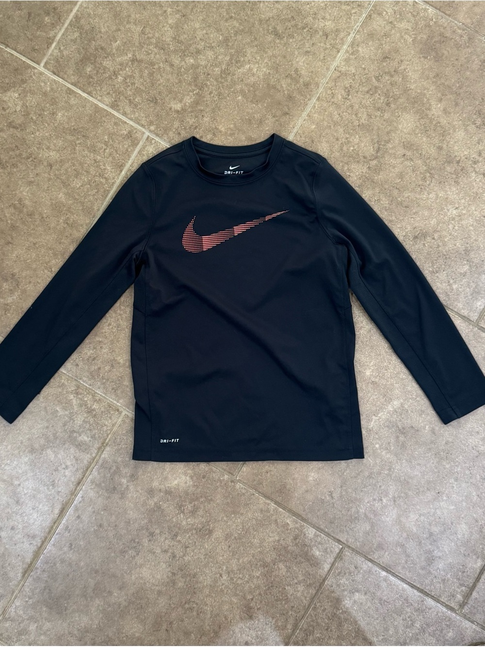 Nike Kids Black Long Sleeve Dri-FIT Shirt with Red Swoosh